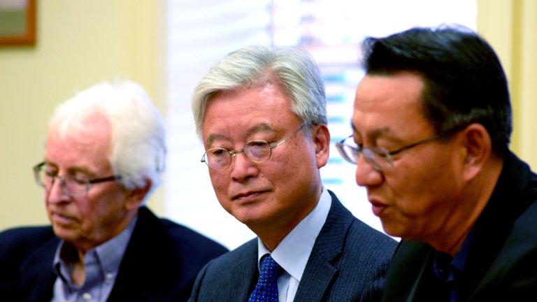 (Right to left): Gi-Wook Shin, ROK Ambassador to the US Cho Yoon-je, and Siegfried S. Hecker seated at a conference room at Stanford