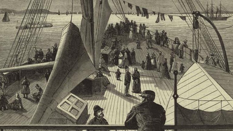 First sight of New York Bay--arrival of a European steamer. Artist: James Wells Champney Image of "First sight of New York Bay -- arrival of a European steamer" by James Wells Champney