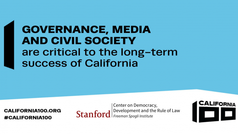 Text on blue background that reads "GOVERNANCE, MEDIA AND CIVIL SOCIETY are critical to the long-term success of California" with logos for California100.org, Stanford's CDDRL, and California 100