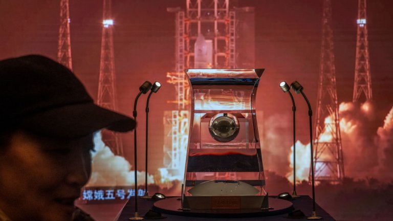 A case holding lunar rock and debris collected from the Moon by China's space program that is part of a display at the National Museum of China is seen on March 2, 2021 in Beijing,