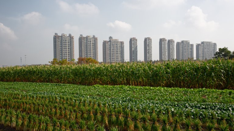 Sky rises behind farmland in Hangzhou, China.