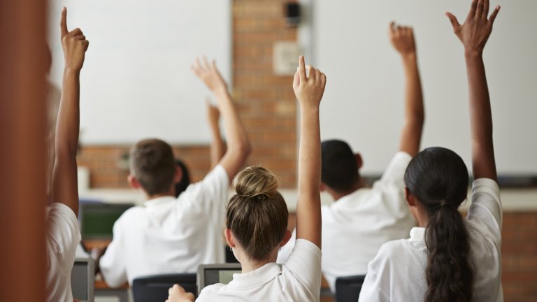 Pupils raise their hands in class.
