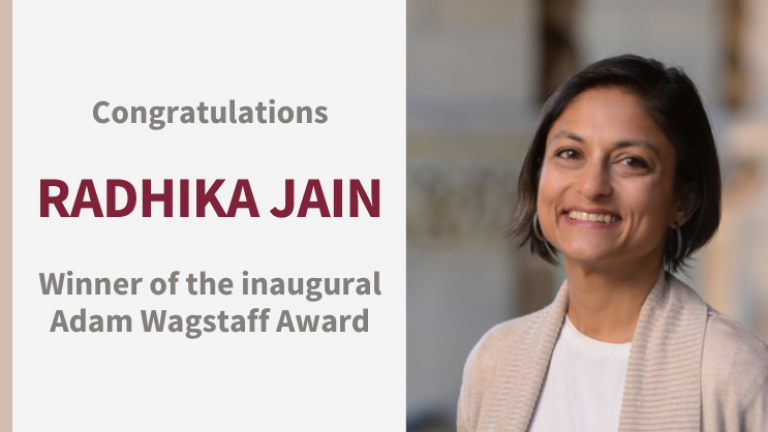 Portrait of Radhika Jain with text congratulating her on winning the inaugural Adam Wagstaff award