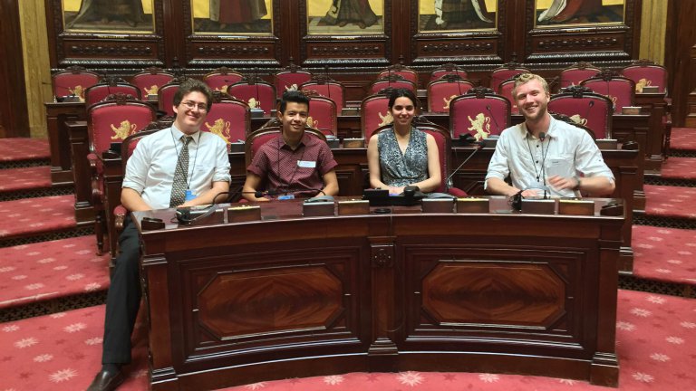 TEC interns Eddy Rosales Chavez (2nd from left) and Jake Leih (end) at the European Parliament. TEC interns Eddy Rosales Chavez (2nd from left) and Jake Leih (end) at the European Parliament.