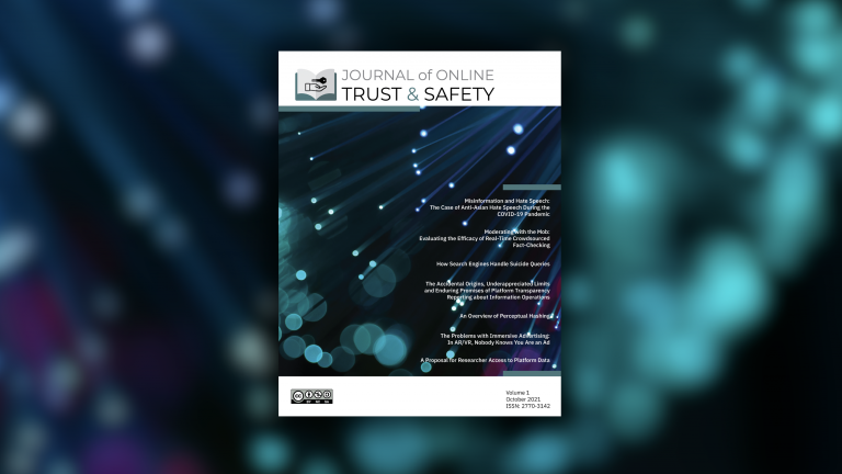 the cover of the first issue of the journal of online trust and safety featuring a stylized picture of fiber optic cables and the logo of the journal