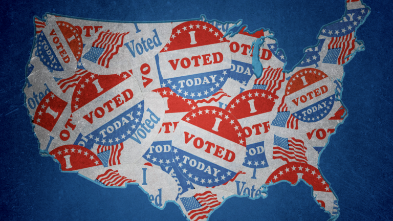 the 2020 oral history project graphic of the united states with voting buttons overlayed