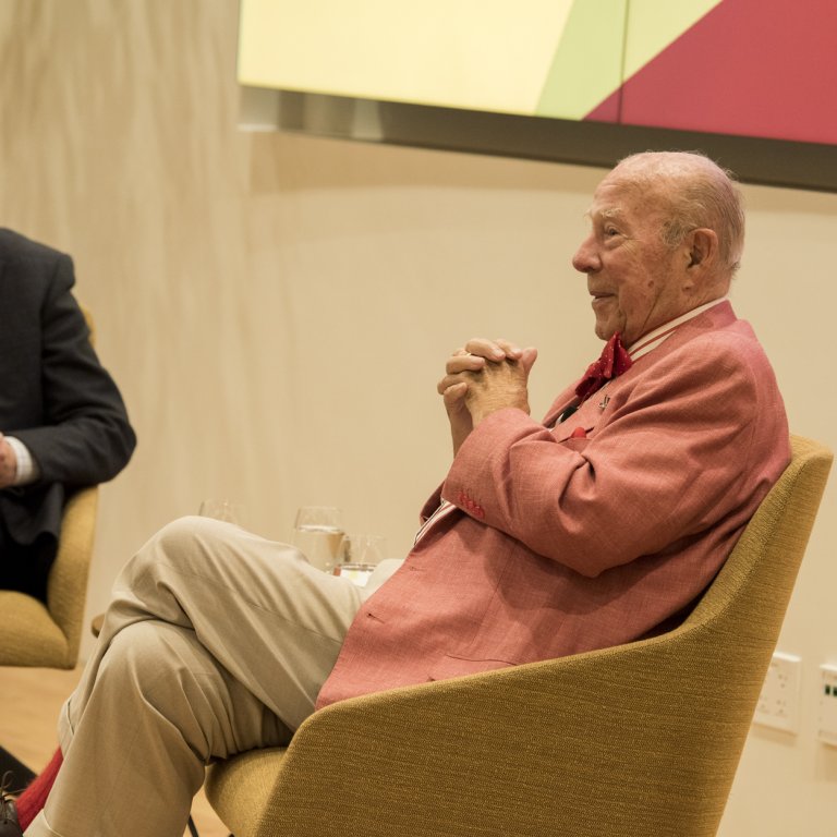Philip Taubman and George Schultz in conversation. Credit: Steve Castillo/Courtesy Stanford Knight-Hennessy Scholars program Philip Taubman and George Schultz in conversation. Credit: Steve Castillo/Courtesy Stanford Knight-Hennessy Scholars program