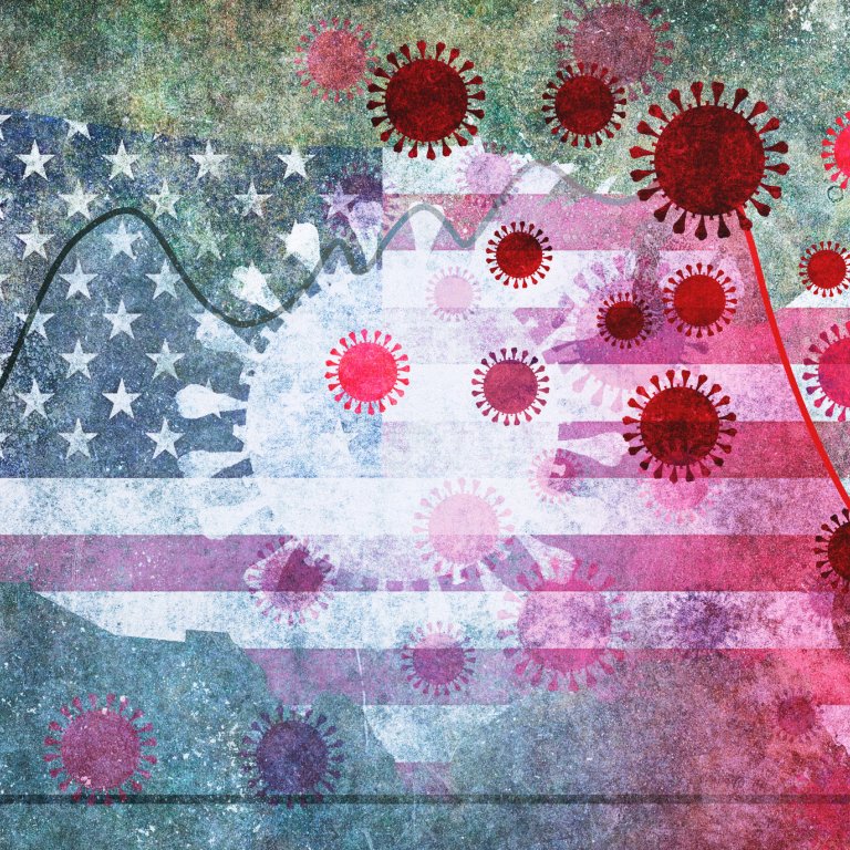 An illustration of a U.S. map and COVID-19