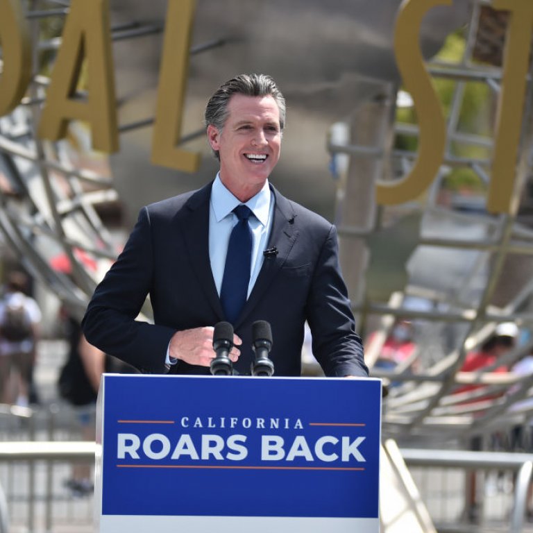 California Gov. Gavin Newsom celebrates the state's reopening after COVID-19 pandemic..