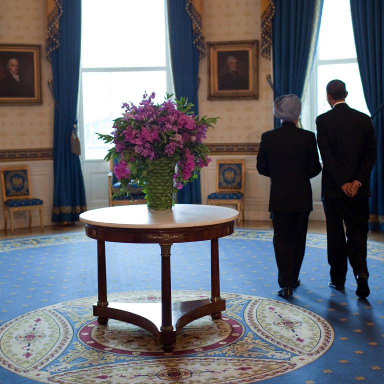 President Barack Obama and former Prime Minister Manmohan Singh of India chat in the Blue Room of the White House following the State Arrival ceremony, Nov. 24, 2009. President Barack Obama and former Prime Minister Manmohan Singh of India chat in the Blue Room of the White House following the State Arrival ceremony, Nov. 24, 2009.