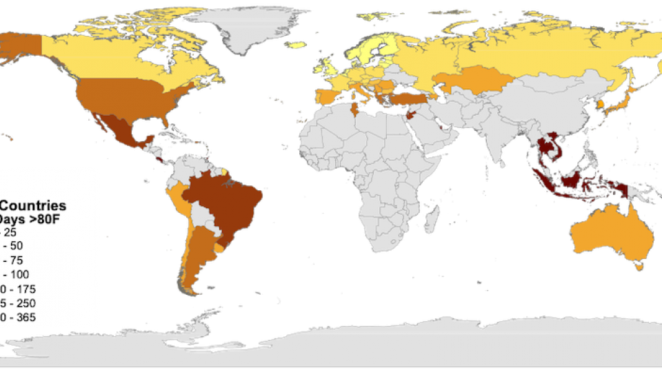 Map showing number of days over 80 degrees in some countries