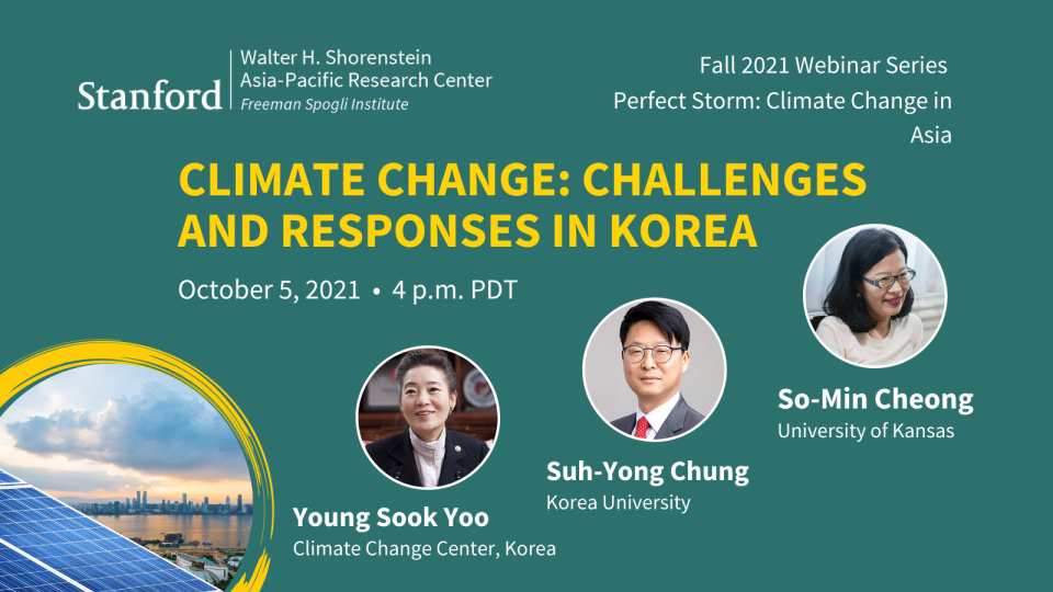 Solar panels, portraits of Young Sook Yoo, Suh-Yong Chung, and So-Min Cheong, with text about climate change challenges and responses in Korea