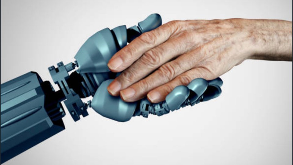 Book cover showing a robotic hand holding an older human hand.