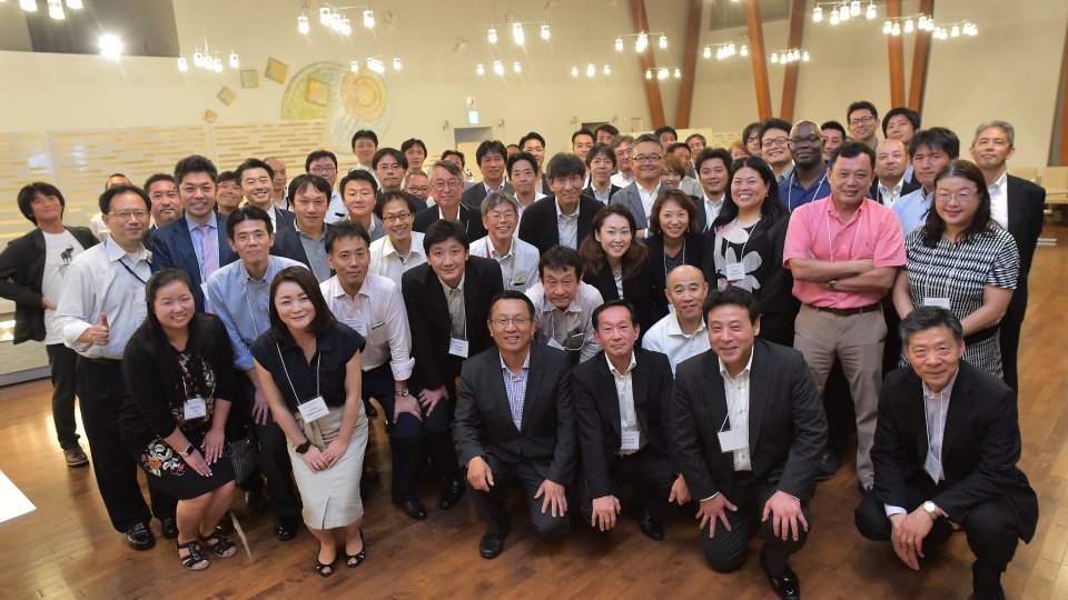 Group photo of APARC friends and alumni of the Global Affiliates Program at a reception in Tokyo, September 2018.