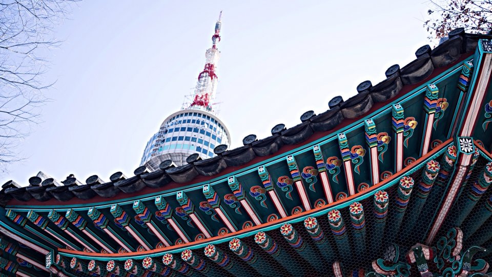 Low angle view of Namsan tower against clear sky, Seoul, Korea.