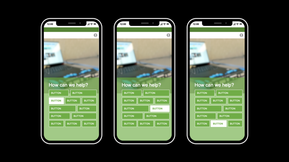 An illustration of the experience of using a poorly coded website with a screen reader. The illustration shows three mockups of a smartphone screen with each selectable choice saying only "button". Behind the buttons is a blurred image of a computer.