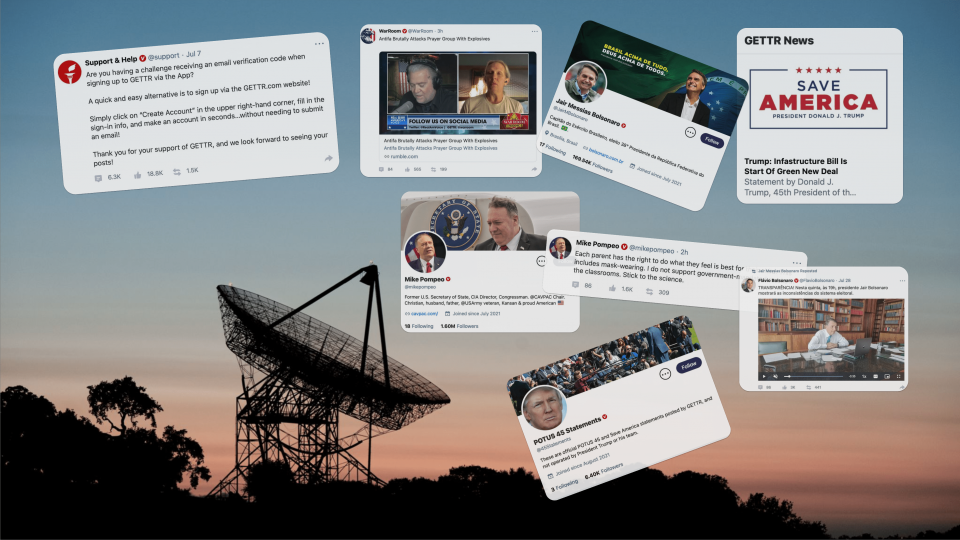 A collage of Gettr posts against a backdrop of a radiotelescope at dusk