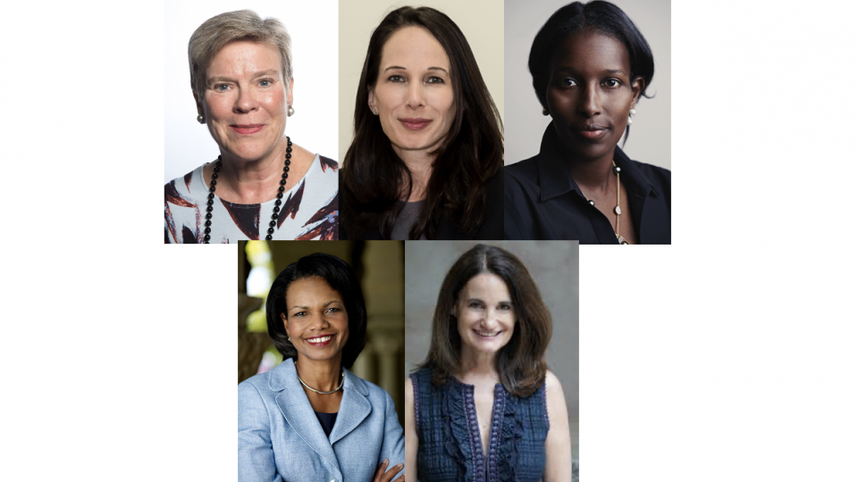 Gottemoeller (top row left), Zegart (top row center), Hirsi Ali (top row right), Rice (bottom row left) and Economy (bottom row right)