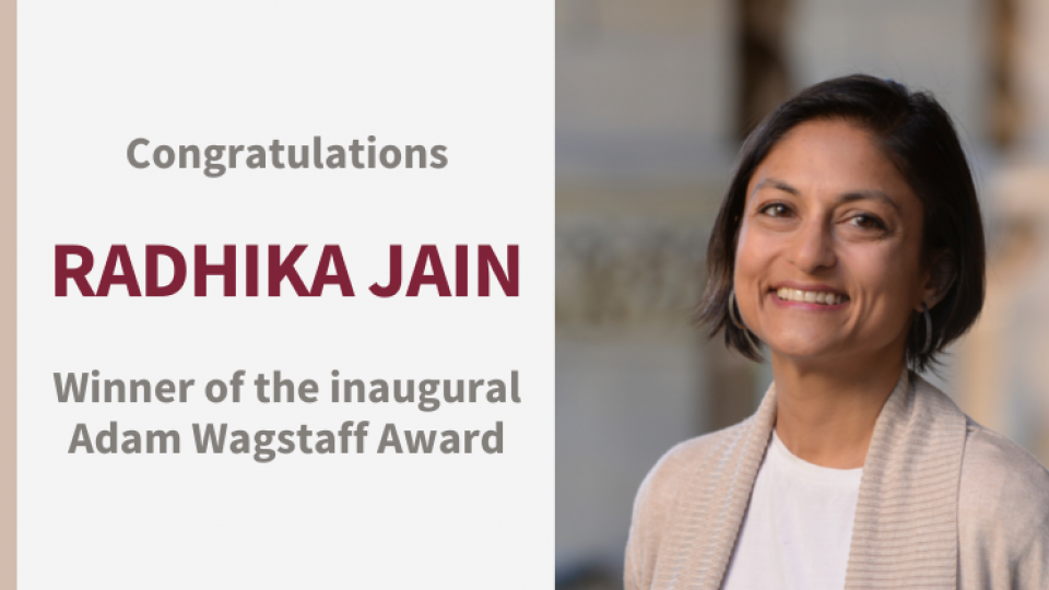 Portrait of Radhika Jain with text congratulating her on winning the inaugural Adam Wagstaff award