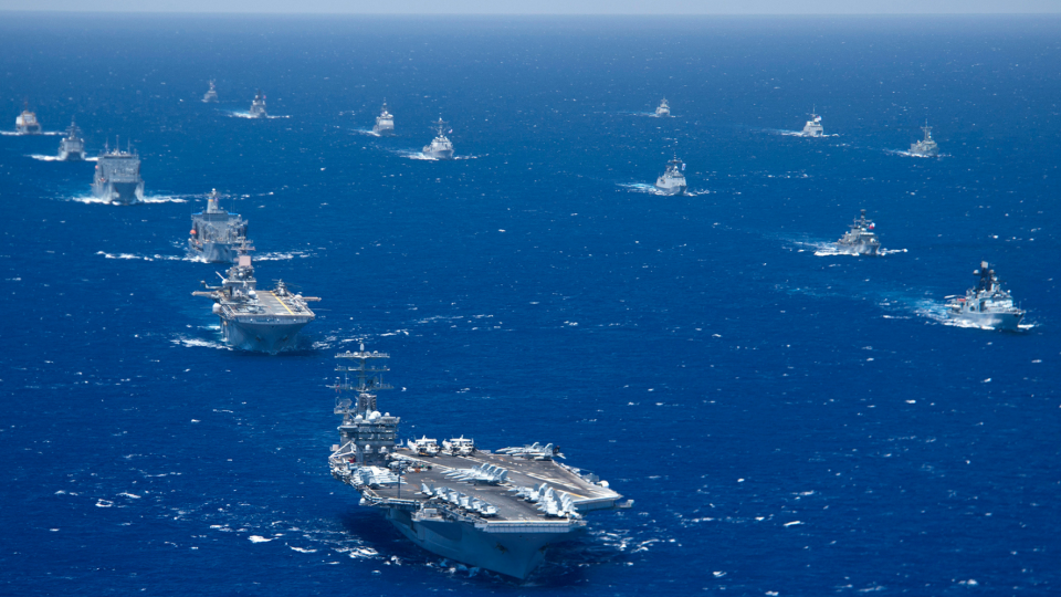 Battleships patrolling in the open ocean.