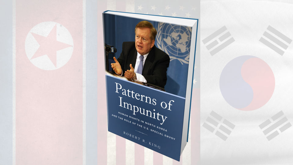 "Patterns of Impunity" by Robert King on a backgorund showing the flags of North Korea, South Korea, and the United States.