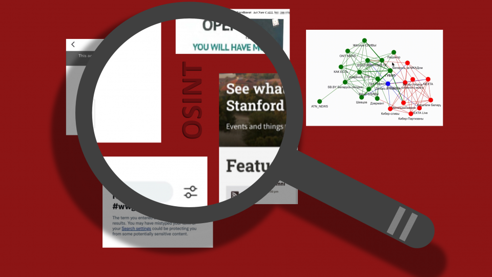An illustration of a magnifying glass hovering over screenshots from the report. The magnifying glass is revealing the letters "OSINT" in the background.