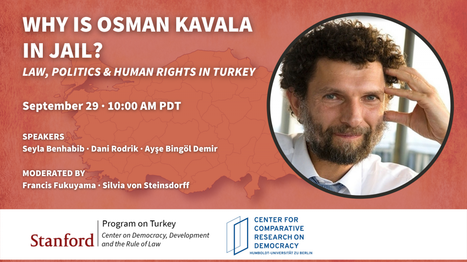 Map of Turkey with image of Osman Kavala and text "Why is Osman Kavala in jail?"