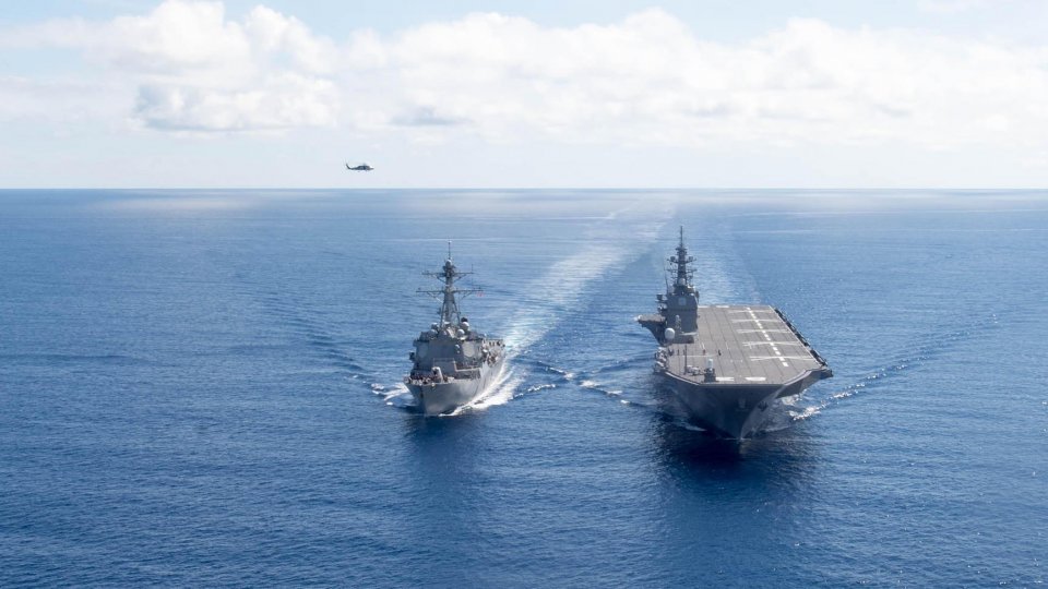 The Arleigh Burke-class guided-missile destroyer USS Dewey transits the South China Sea with the Japan Maritime Self-Defense Force ship JS Izumo. The Arleigh Burke-class guided-missile destroyer USS Dewey (DDG 105) transits the South China Sea with the Japan Maritime Self-Defense Force ship JS Izumo (DDH 183) in May 2017.
