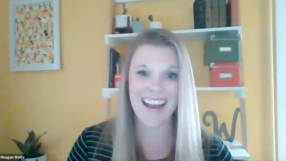 A still of a zoom interview with Megan Wolf.