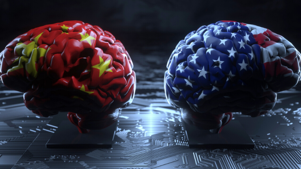 Concept of U,S.-China technology competition: brain-shaped boxing gloves covered in U.S. and China flags facing against each other on a background of a motherboard