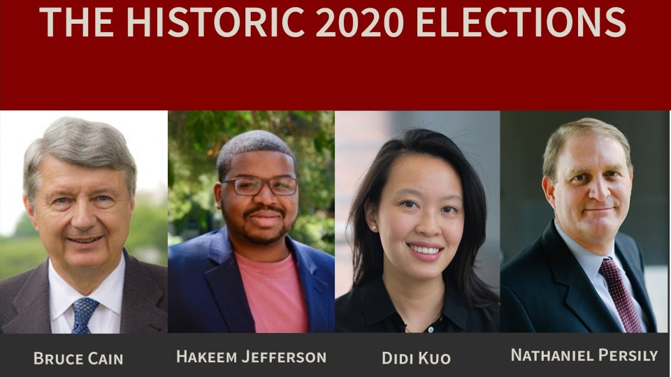 Flyer for the Historic 2020 Elections event featuring Bruce Cain, Hakeem Jefferson, Didi Kuo, and Nathaniel Persily.