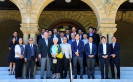 Visitors from Oita Prefecture visit Stanford for the opening ceremony of the Stanford e-Oita online course for high school students.