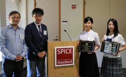 High school student honorees Yua Kodani and Ayaka Ikei with Jonas Edman and Takuya Fukushima at the inaugural Stanford e-Tottori Day.