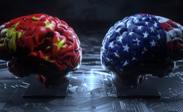 Concept of U,S.-China technology competition: brain-shaped boxing gloves covered in U.S. and China flags facing against each other on a background of a motherboard 