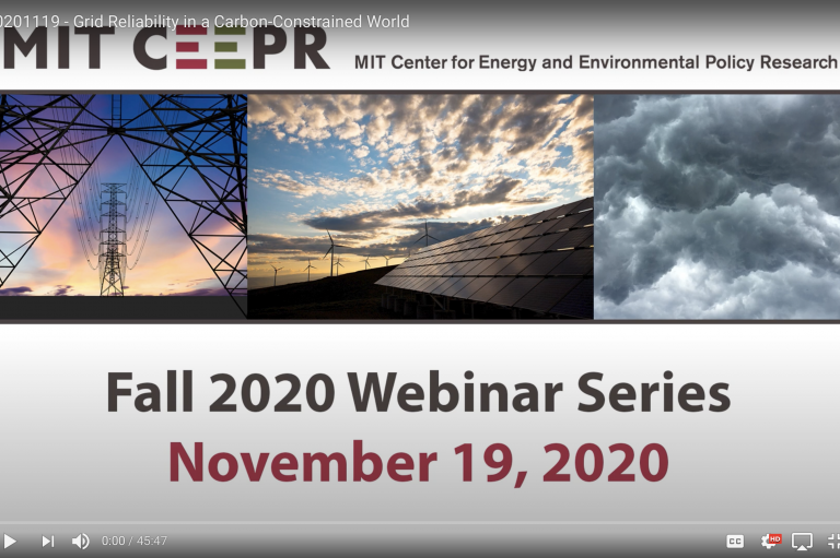 Screen shot of MIT CEEPR's Nov 19, 2020 Fall 2020 Webinar Series discussion on grid reliability in a carbon-constrained world
