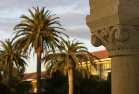 Architectural detail on Stanford colonnade with palm trees in the background 