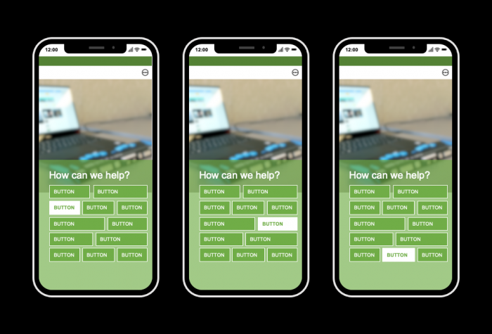 An illustration of the experience of using a poorly coded website with a screen reader. The illustration shows three mockups of a smartphone screen with each selectable choice saying only "button". Behind the buttons is a blurred image of a computer.
