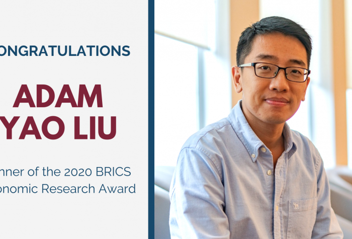 (Left) Congratulations Adam Yao Liu, Winner of the 2020 BRICS Economic Research Award; (Right) Portrait of Dr. Adam Liu
