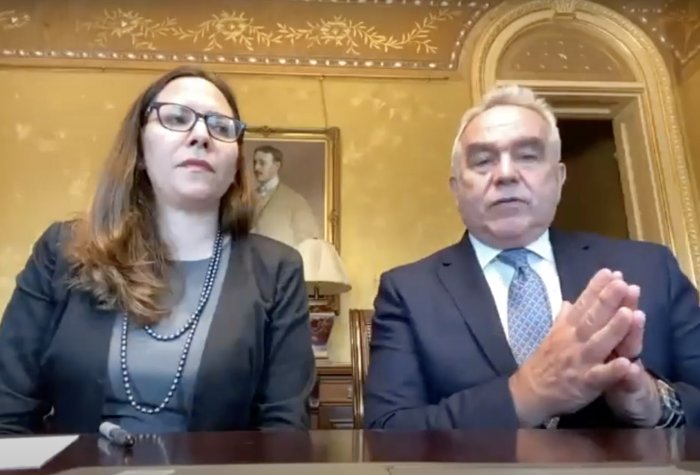 Kurt Campbell and Laura Rosenberger speaking at the 2021 Oksenberg Conference