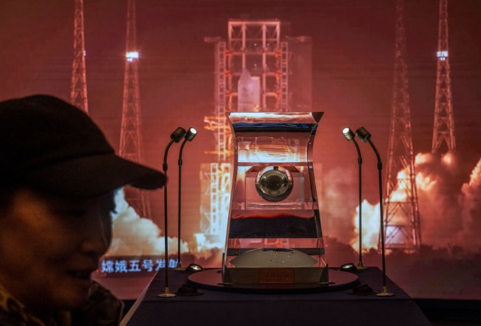 A case holding lunar rock and debris collected from the Moon by China's space program that is part of a display at the National Museum of China is seen on March 2, 2021 in Beijing,