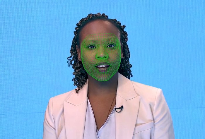 A green wireframe model covers an actor’s lower face during the creation of a synthetic facial reanimation video, known as a deepfake, in London, Britain, February 12, 2019. Reuters TV via REUTERS