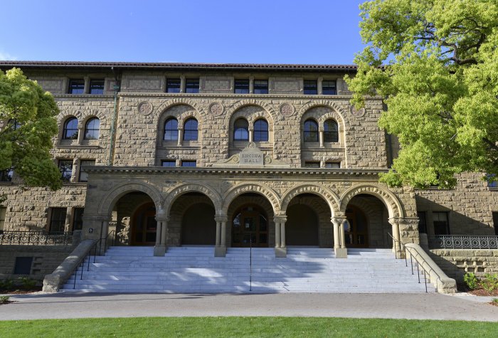 A look at the front of Encina Hall, Stanford