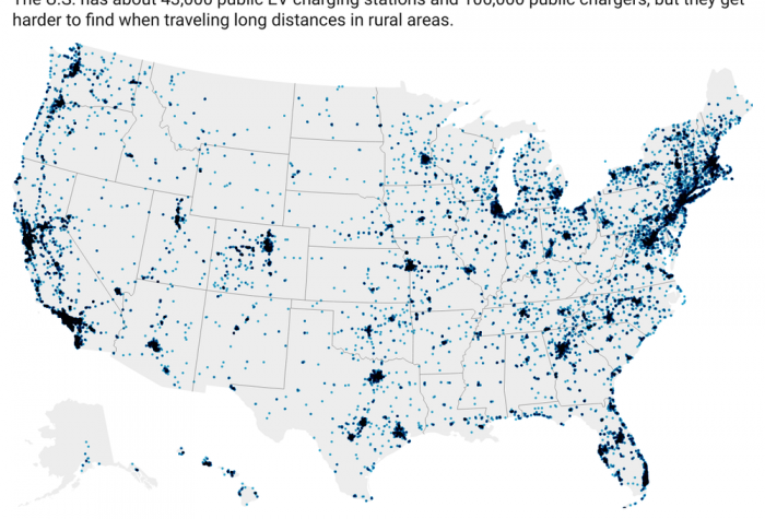 Map of the U.S. with dots representing electric vehicle charging station