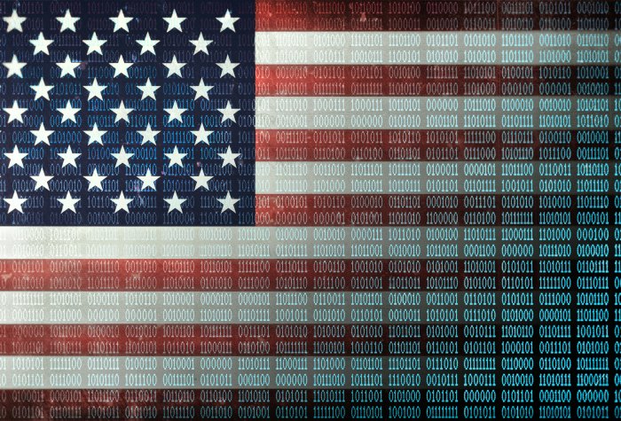 A US flag with binary code