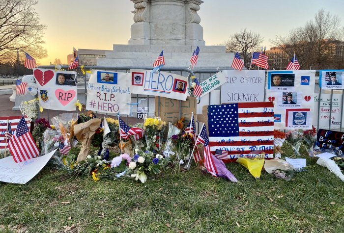 A memorial to Capitol Police Officer Brian Sicknick, who was killed by pro-Trump rioters on Jan. 6
