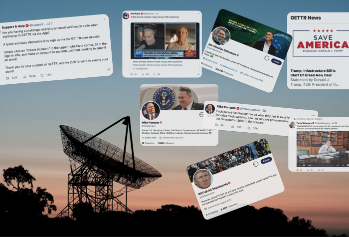 A collage of Gettr posts against a backdrop of a radiotelescope at dusk