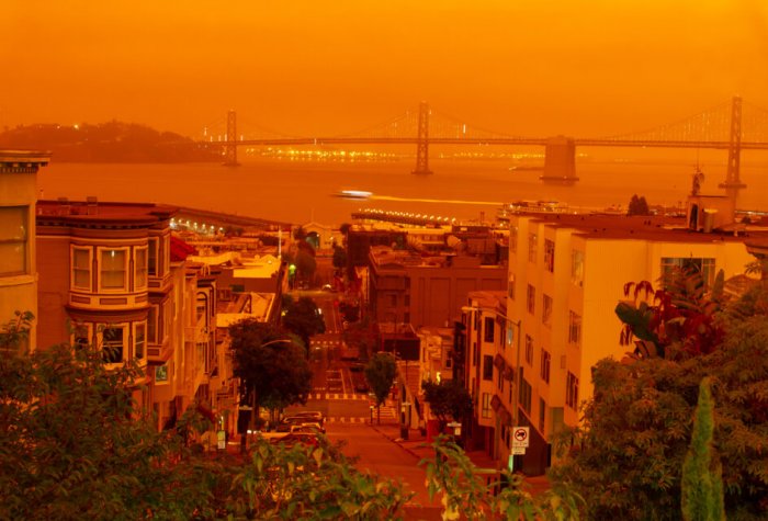 Orange smokey skies over San Francisco