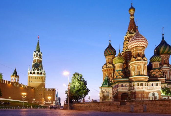 Kremlin wall (left) and Saint Basil's Cathedral (right), in Moscow, Russia.