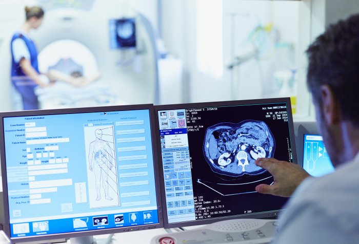 A clinician views a CT Scan