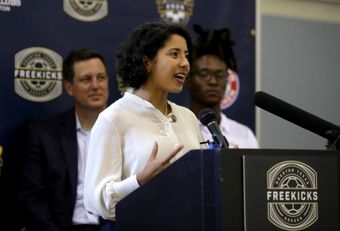 Lina Hidalgo Lina Hidalgo speaks at a community event in Houston, Texas
